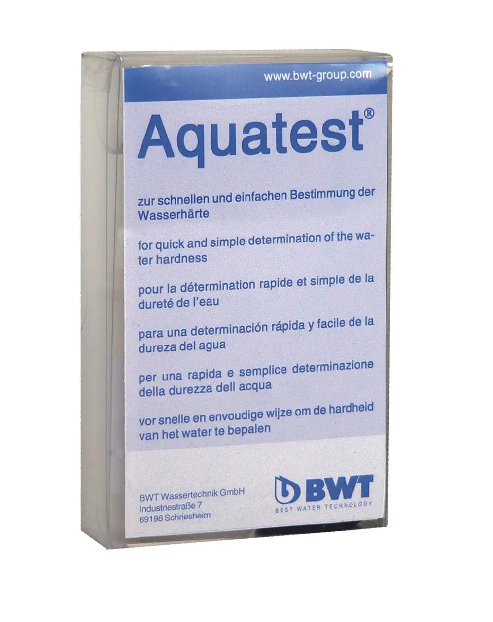 Testgerät zur schnellen Bestimmung der Wasserhärte. BWT AquaTest mit mehrsprachiger Beschreibung. Geeignet für einfache Wasseranalysen in verschiedenen Sprachen.